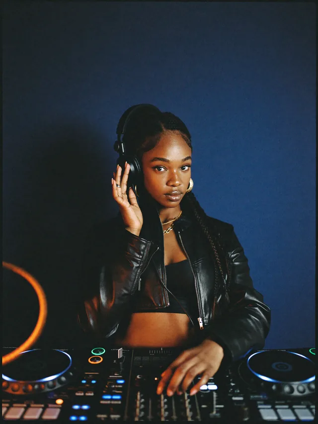The AmapianoMI DJ, headphones on, one hand on the deck, behind a lit console.